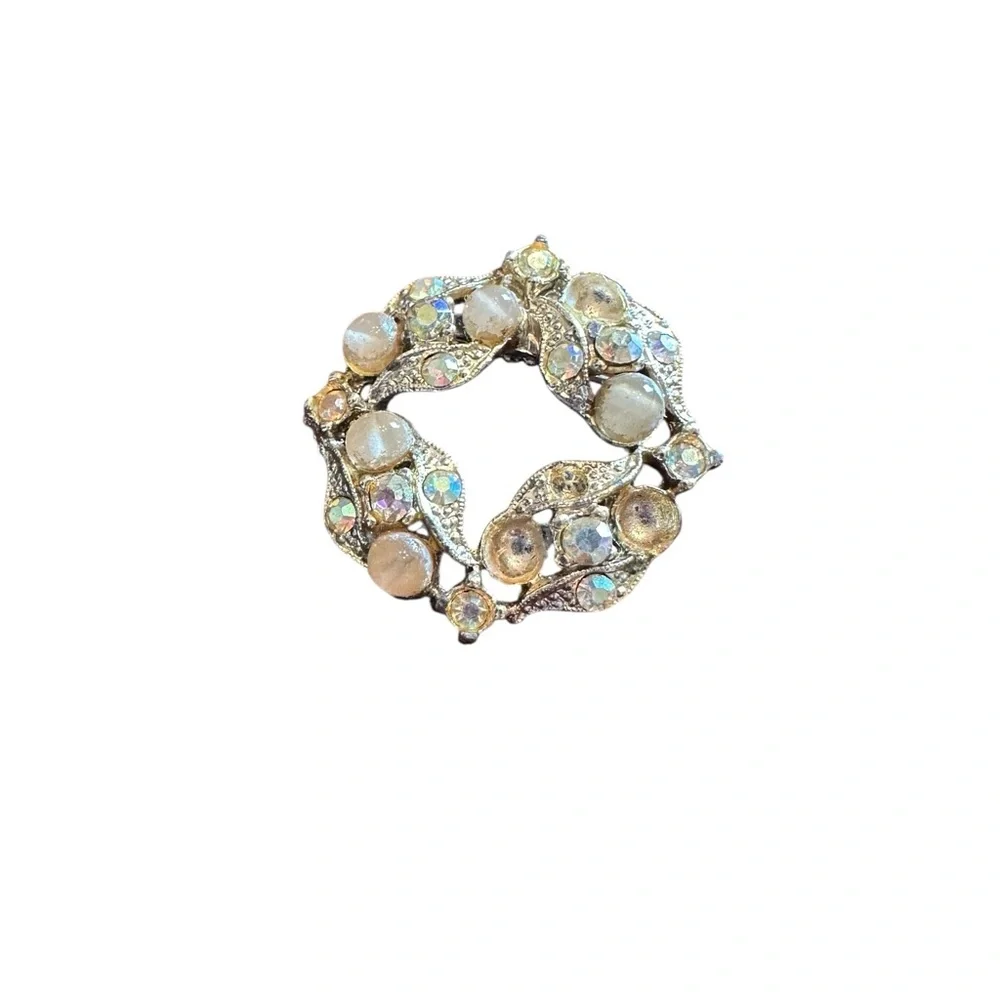 Vintage Gold Bead and Rhinestone Round Brooch Pin
